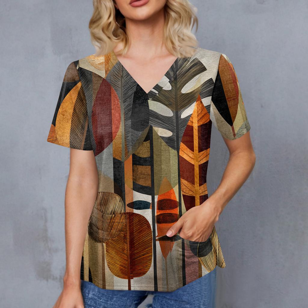 Women's Retro Printed V-Neck Double Pocket Short Sleeves Hem Slit  Uniform Caregiver Top