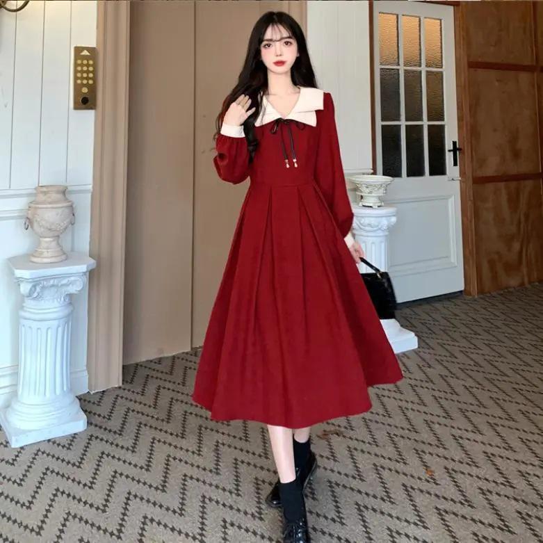Übergröße Damen Preppy Französisches Marineblau Langarmkleid mit Schlank machender Taille und Figurbetonter Passform