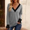 Women's Fashion Plus V-neck Button Up Long Sleeved Color Blocked Pullover T-shirt Top