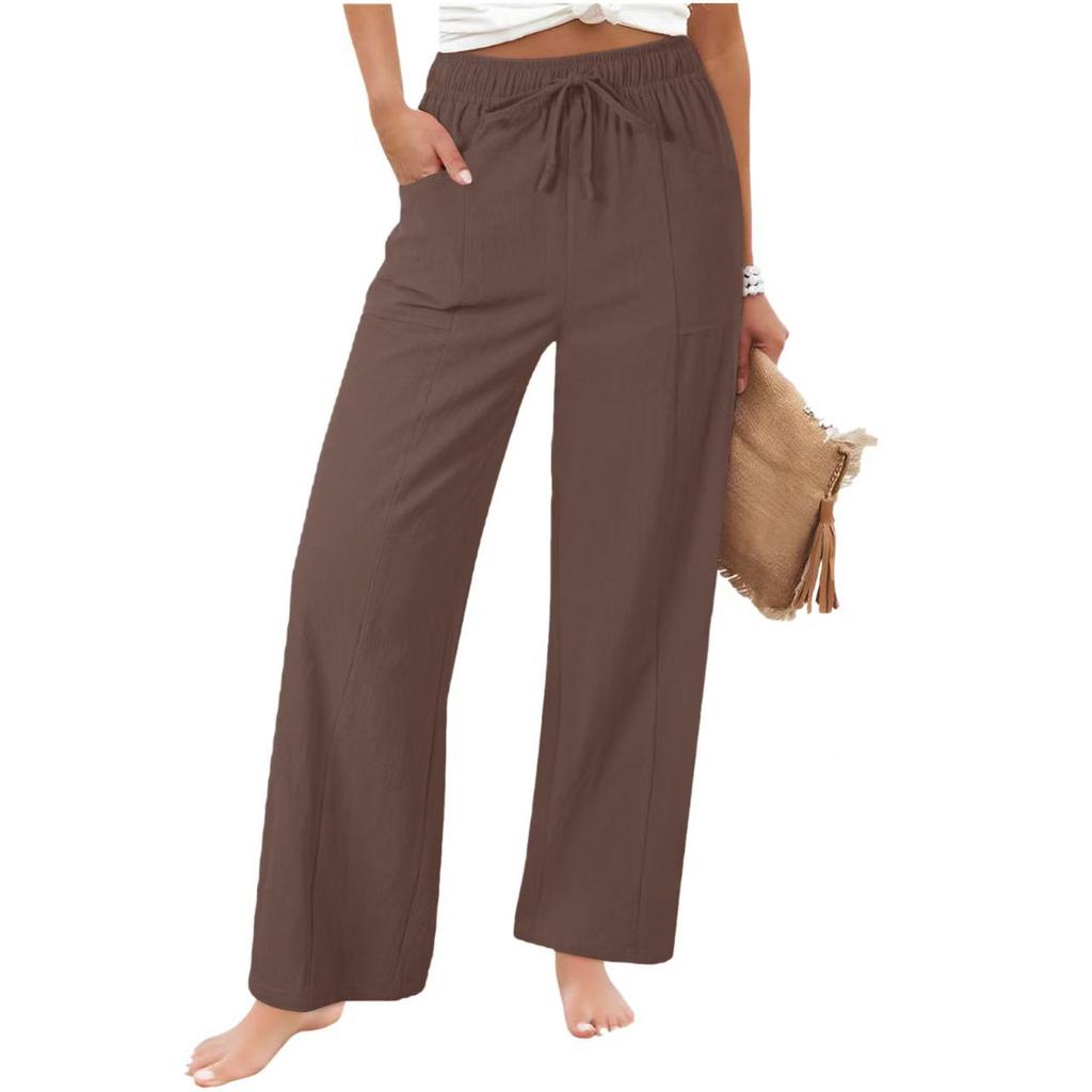 Women's Linen Cotton Drawstring Elastic Waist Wide Leg Pants Casual Loose Straight Leg Trousers with Pockets for Summer