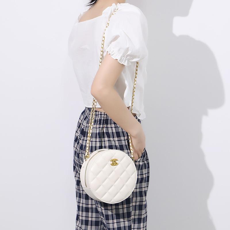 Hvauen Light Luxury Women's Bag New Shoulder Messenger Bag Niche Design Diamond Chain Small Round Bag