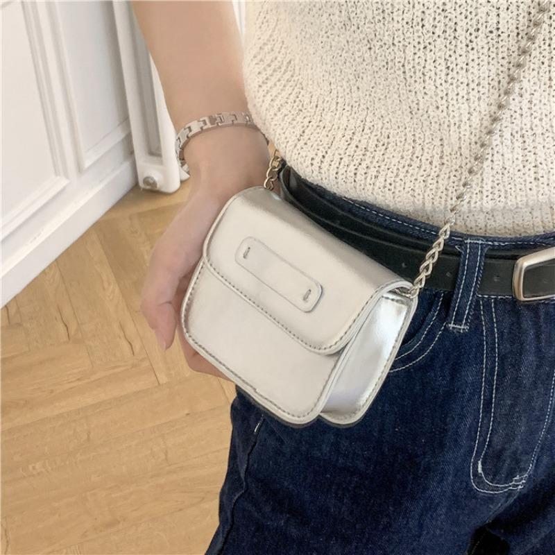 Silver Bag Mini Shoulder Minimalist Style Small Square Bag Fashionable Cute Leather Lipstick Messenger Chain Bag Female