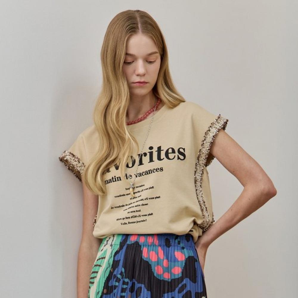 

Maxza LeTTering PrinT Tweed Block Cap Sleeve T shirT ze07qT060na blacks/FREE