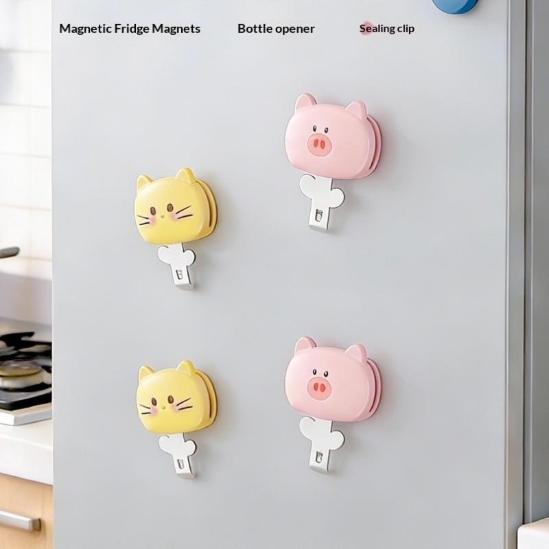 Bottle Opener Magnetic Fridge Sticker Pig Cat Shape Snack Sealing Clip Three In One Portable Magnetic Oral Liquid Bottle Opener