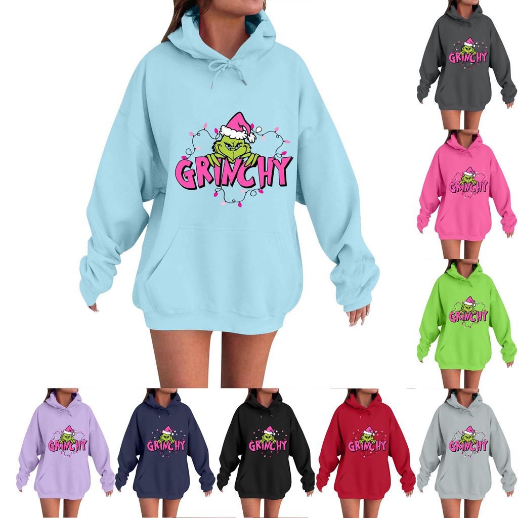 Damemote, Avslappet Og Komfortabel Genser Med Rund Hals Og Hette, Langermet Juletrykk, Varm Genser