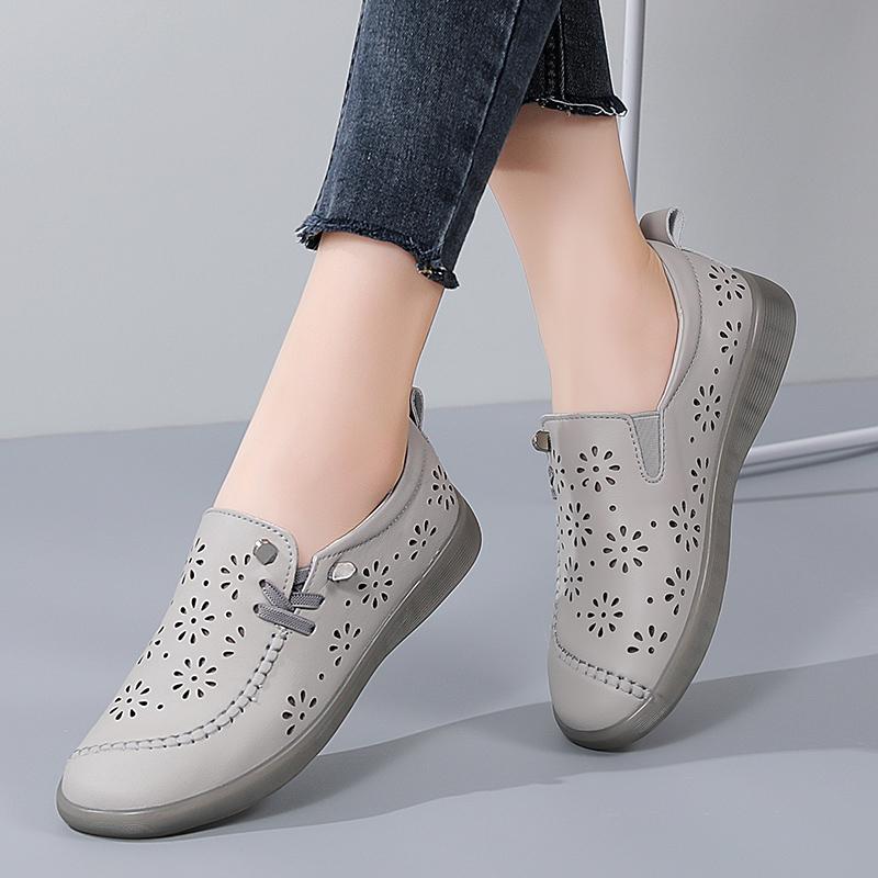 35-41 Women's Large Breathable Fashion Flat Leather Shoes with Hollow Out Shoes White Shoes Lefu Shoes