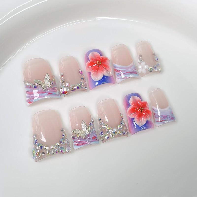 Short Duckbill Press-On Nails With 3D Floral Relief Design Icy Transparent Glitter Acrylic Tips Women
