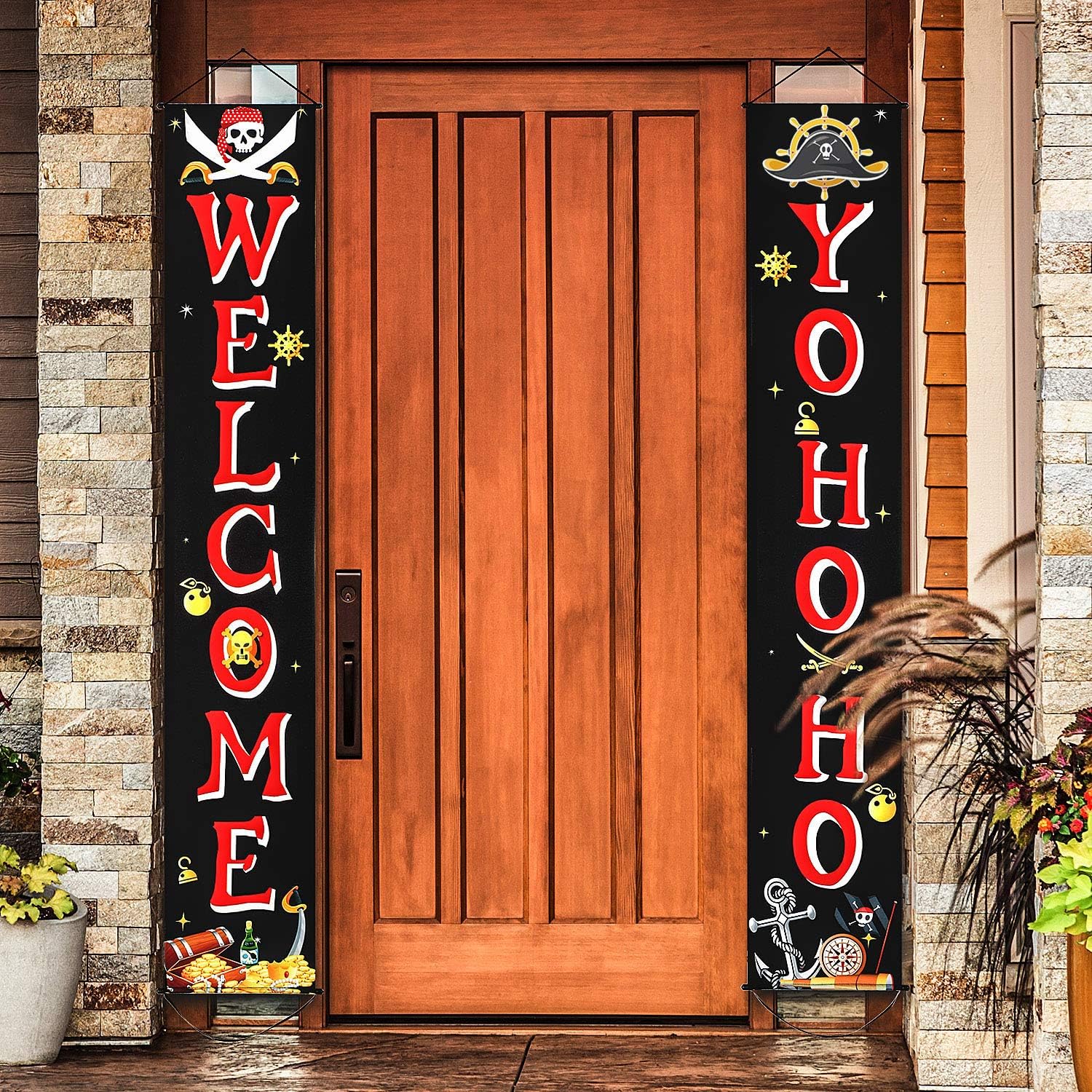 Blulu 2 Pcs Pirate Happy Birthday Banner Pirate Party Supplies Decorations Porch Sign for Hanging Decoration for Indoor/outdoor Decoration Party