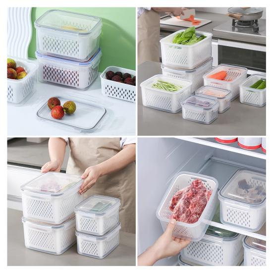 4-In-1 Fruit Vegetable Storage Container with Removable Filter Leak-Proof Airtight PP Storage Box for Washing Draining Stackable Food Organizer