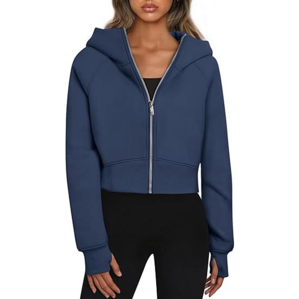 Women's Fleece Lined Hooded Zip Up Cropped Casual Long Sleeve Sweatshirt, European American Style Casual Tops Leisure Trade