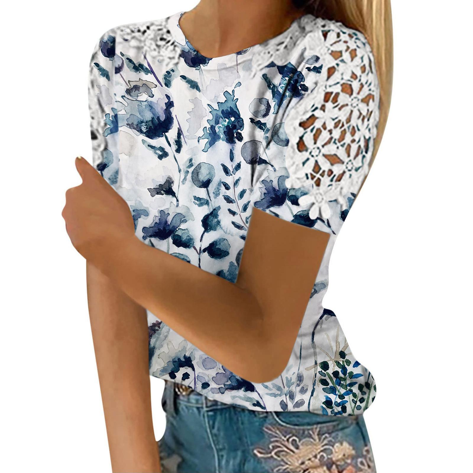 

Women s Fashion Lace Hollow Print Round Neck Short Sleeve T-shirt Top S синій