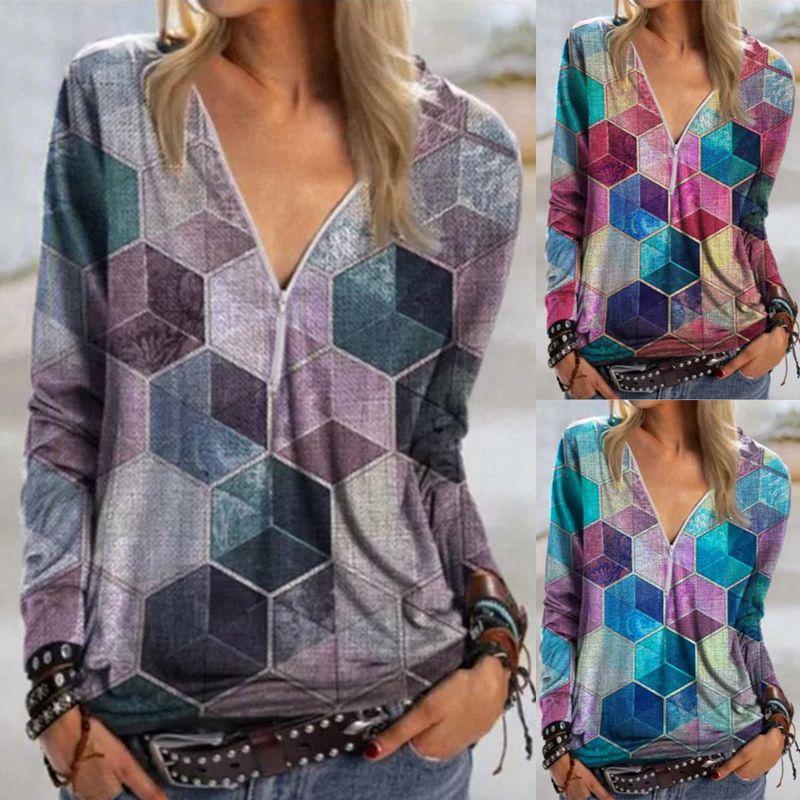 Womens V Neck Zipper Blouse Shirt Ladies Print Pullover Casual Jumper Tops Boho