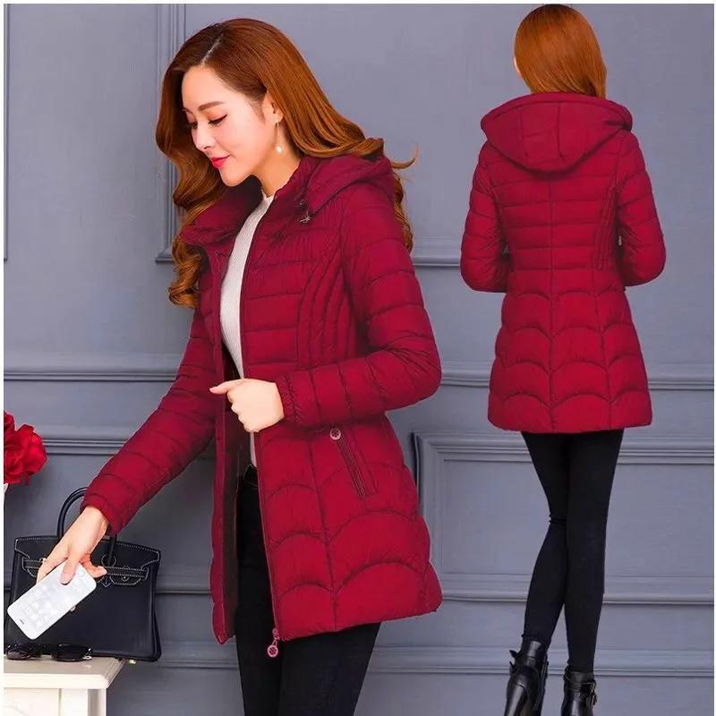 Winter Coat Women Fashion Middle Age Mother Slim Down Cotton Hooded Jacket Plus Size Casual Solid Warm Thick Outwear Parka