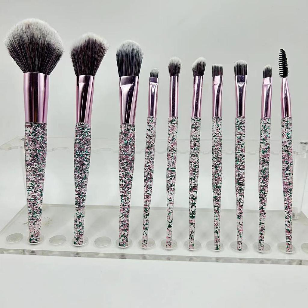 10-teiliges Make-up-Pinselset mit Kristallgriff und Glitzer, Fiberhaar für Gesicht & Auge