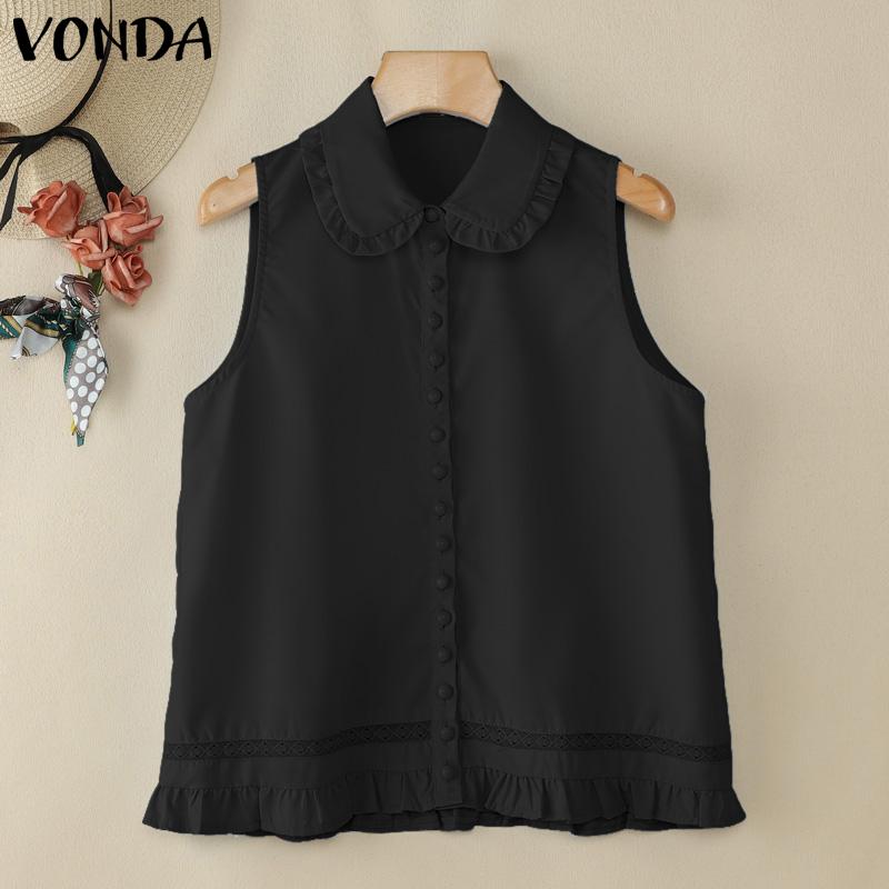 

VONDA Women Summer Ruffled Hem Sleeveless Buttons Up Crochet Casual Tank Tops XL чёрный
