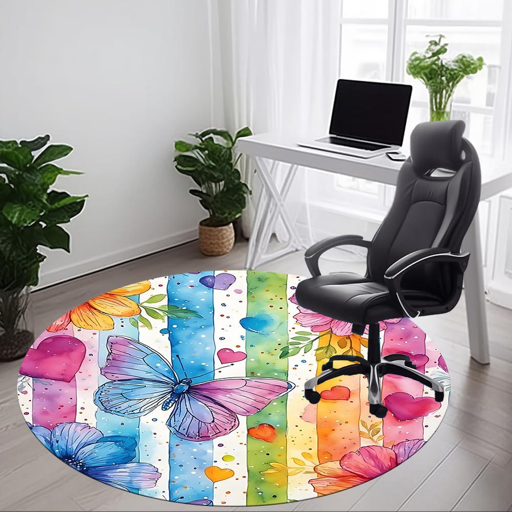 1pc Rainbow Butterfly Office Round Rug, Carpet for Office, Gaming, Lightweight Round Floor Mat yy260205032
