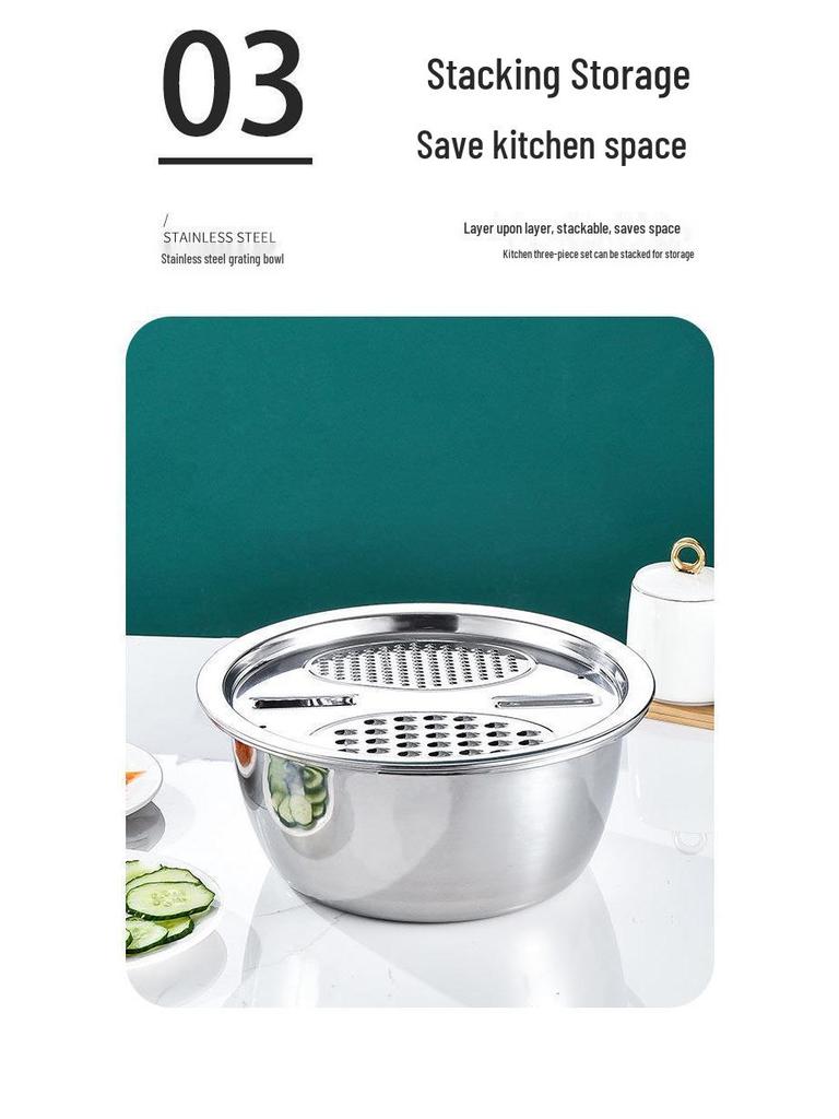 Stainless Steel 3-Piece Vegetable Cutter & Grater Set with Multifunctional Wash and Drain Basin