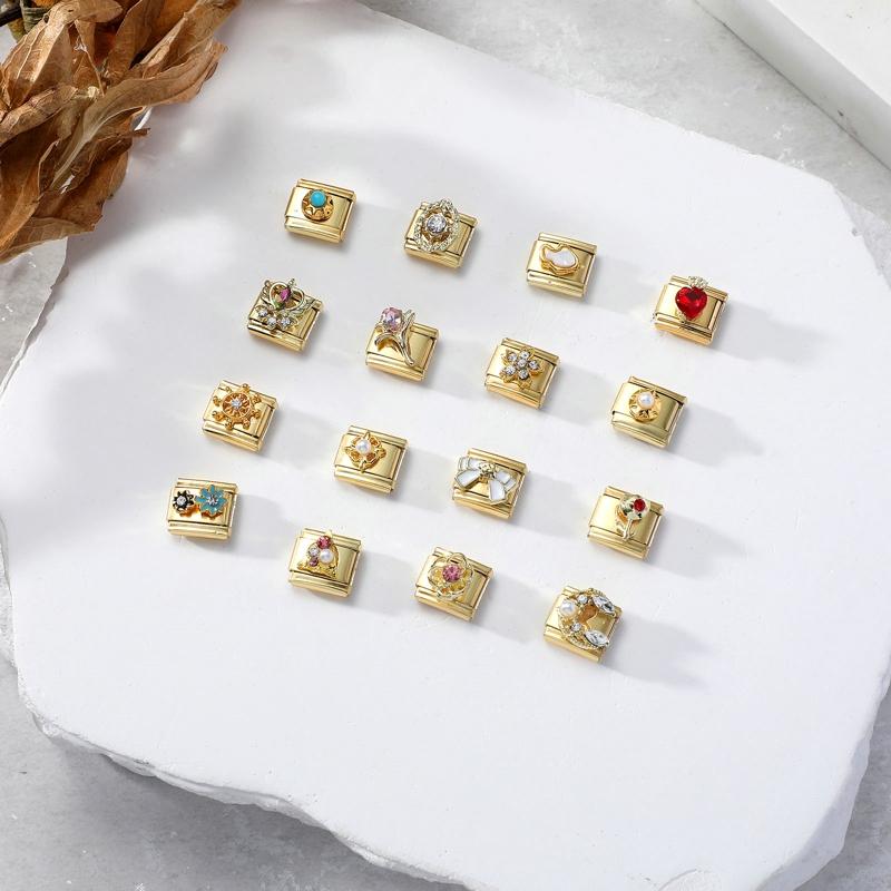 Wholesale Zircon Rose Starfish Bow Knot Flower Pearl Golden Italian Charm Links Fit 9MM Stainless Steel Bracelet DIY Making Gift