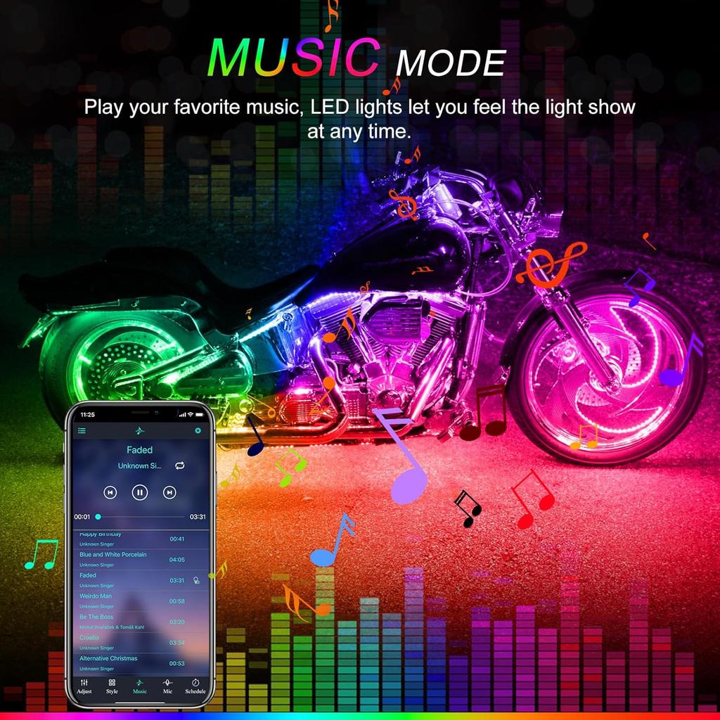 Motorcycle LED Underglow Kit, ICICAR 12 Pcs APP Control RGB 16 Million Color Dual Remote Music Mode IP68 Waterproof Led Lights, Motorcycle Lights