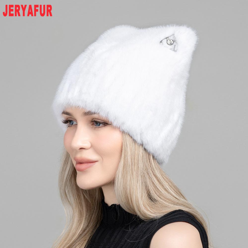 JERYAFUR Women Faux Fur Cat Ear Winter Hat, Cute Rhinestone Decor Fluffy Warm Fashion Ladies Cap for Cold Weather