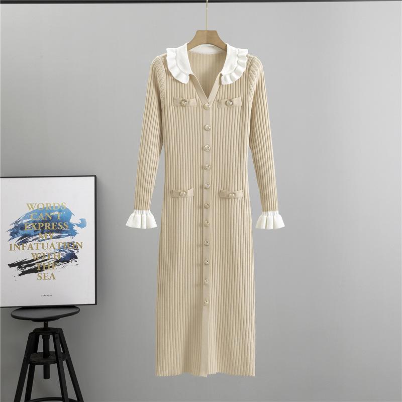 

Женское облегающее платье-свитер с V-образным вырезом, длинными рукавами, пуговицами, облегающим лифом, с оборками, трикотажное платье-карандаш, весна-осень, элегантные макси-платья для женщин one size fits all абрикосовый