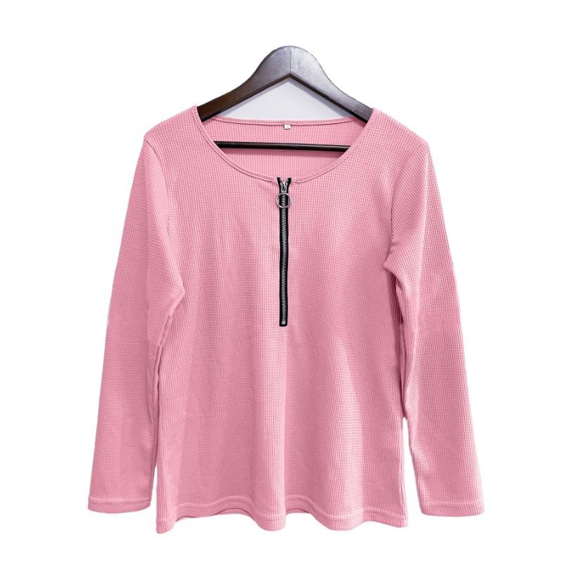 Women Solid Color Waffle Long Sleeve Zipper Casual T Shirt Top