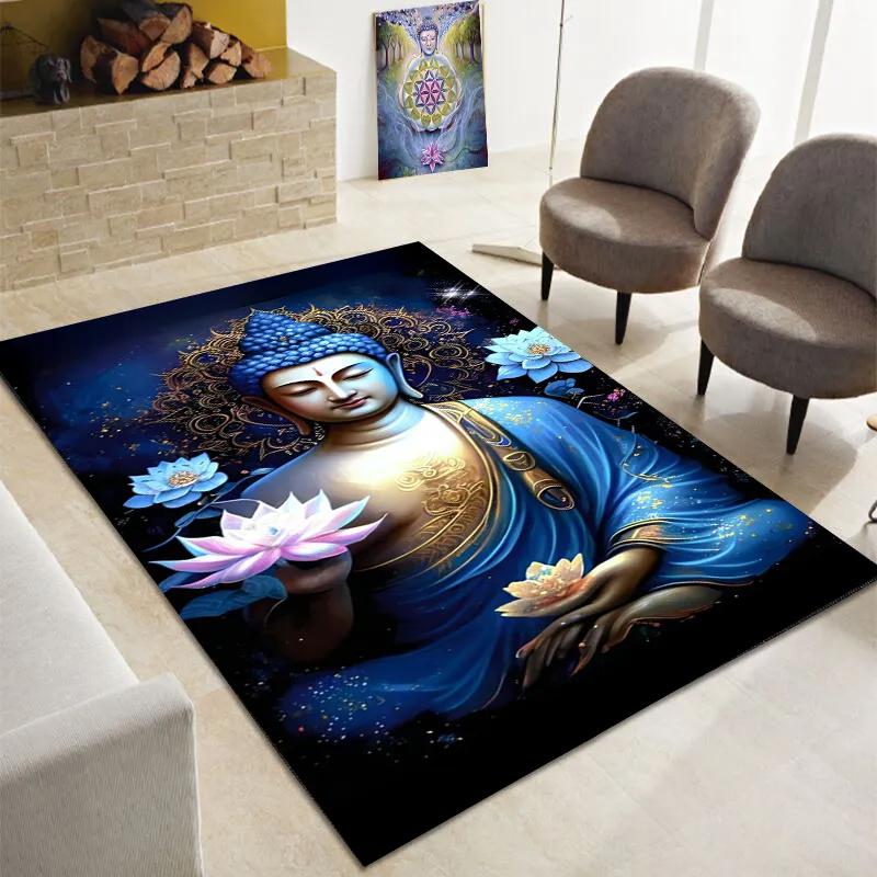 Buddha Teppich, Buddhismus Bereichsteppiche für Schlafzimmer Wohnzimmer Eingangsbereich, Buddha Statue Muster Meditation Bodenmatte Rutschfester Yoga Teppich