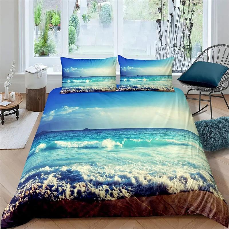 Beach Sea Wave Ocean Duvet Cover Sunset Hawaiian Palm Tree Wave Comforter Cover Tropical Island and Sea Beach Nature Theme Decor