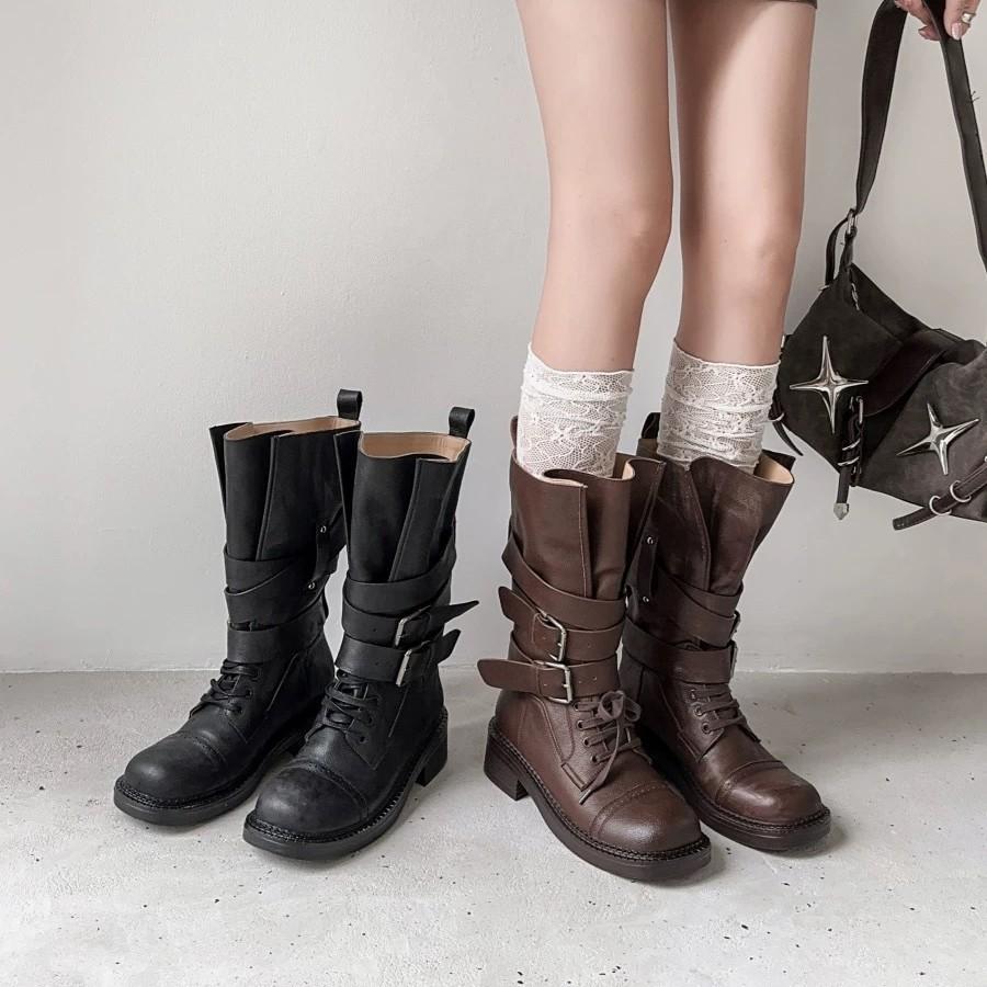 Cowhide Niche Leather Retro Mid-range Western Boots Women's Thick Heel Handsome Locomotive Boots Martin Boots Slim Knight Boots