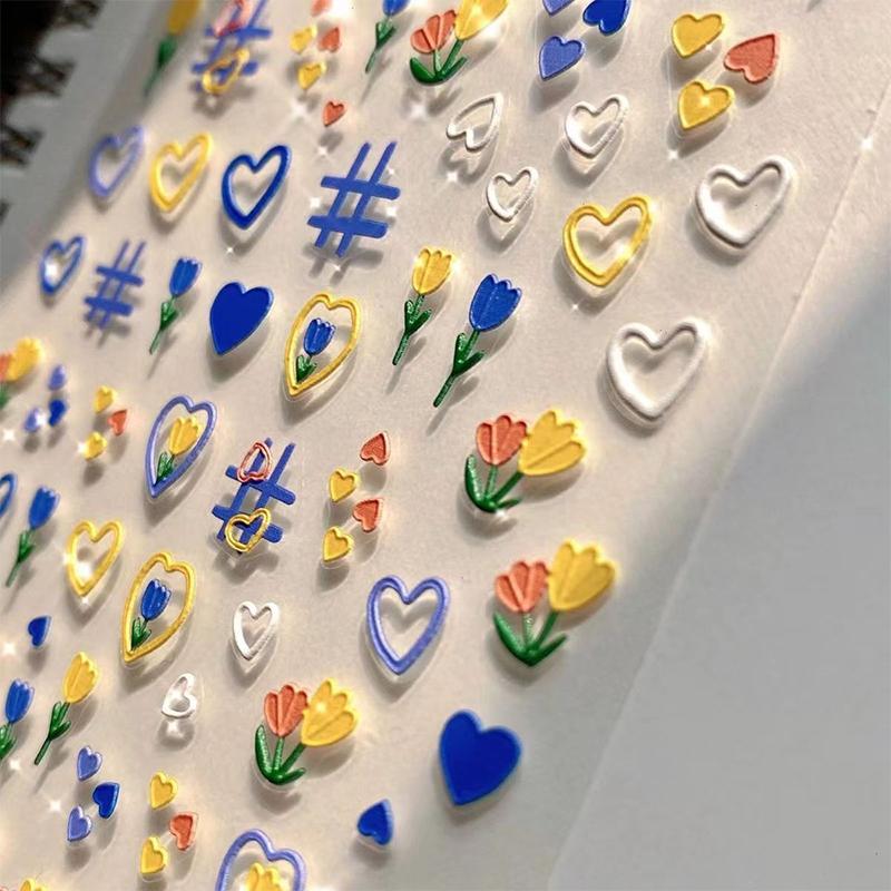 5D Tulip Nail Stickers Embossed Flowers Decals Cute Heart Sliders For Nails Spring Floral Manicure Decoration