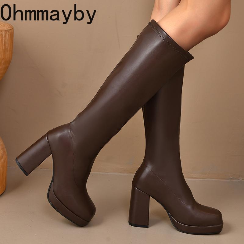 Platform Thick Heel Women Knee High Boots Fashion Slip On Shoes Autumn Winter Ladies Elegant Stretch Slim Long Booties