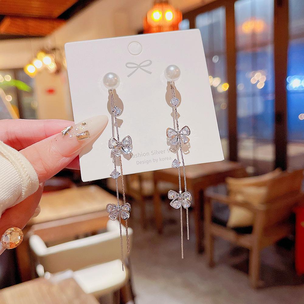 925 Silver Needle Tassel Pearl Earrings: High-End Celebrity Design for Women
