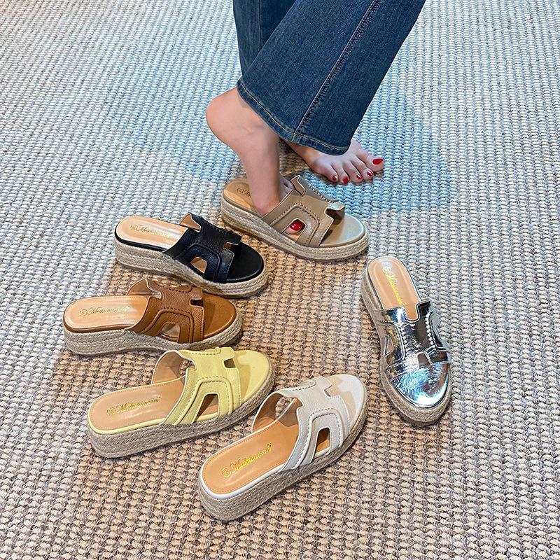 The Bottom of the Retro Hemp Rope Woven One-word Muffin Has Increased by 5cm~ Ruth's Same Straw Woven Summer Casual Versatile H Drag