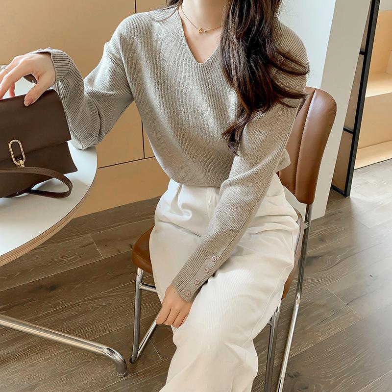 Svetr s výstřihem do V jednobarevný pro ženy s dlouhým rukávem s volnou pleteninou uvnitř pulovr ležérní tenký podzimní a zimní svetr