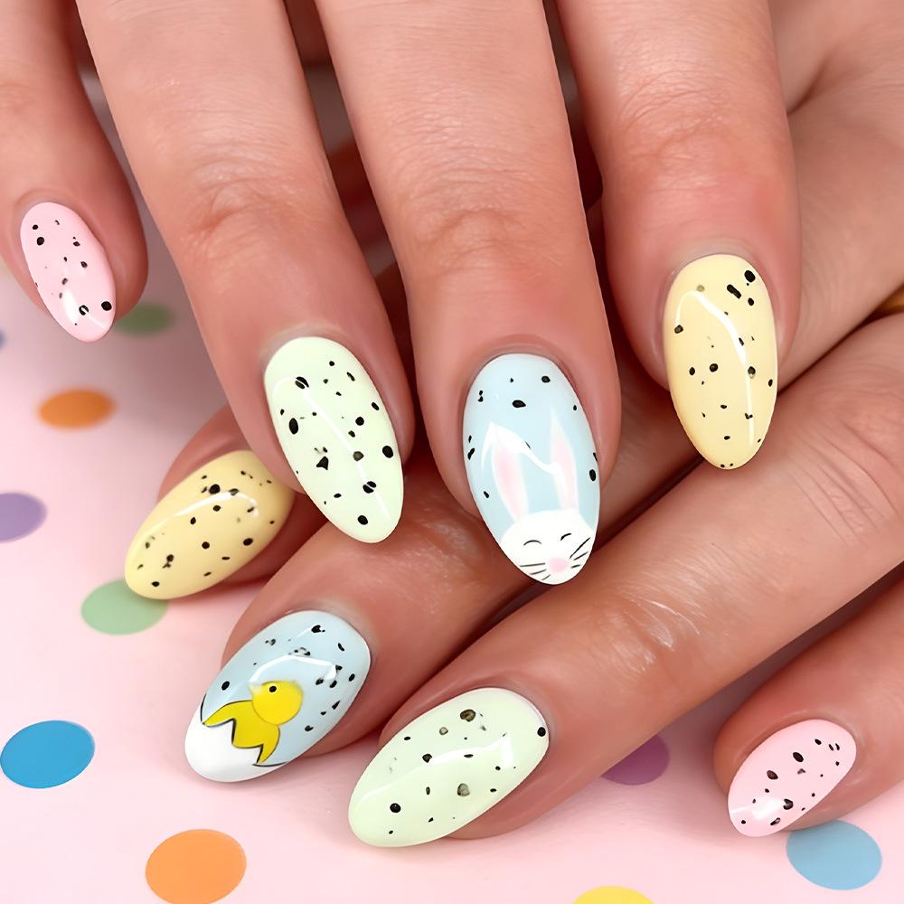 Easter Almond-Shaped Wearable Glossy Bunny Eggshell False Nails - 24 Piece Set
