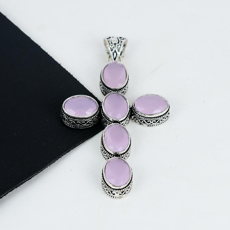 Pink Chalcedony Gemstone Pendant 925 Sterling Silver- Handmade Cross Design, Everyday Wear Jewelry, Unique Pink Chalcedony Pendant