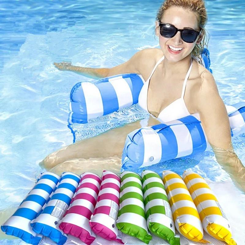 1pc Two Tube Straight Stripe Hammock Foldable PVC Inflatable Floating Row Swimming Pool Float Seat