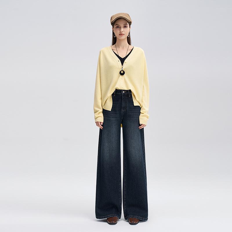 Women s Wide-Leg Floor-Length Jeans - Xinjiang Cotton Lyocell, Washed Retro Style 30