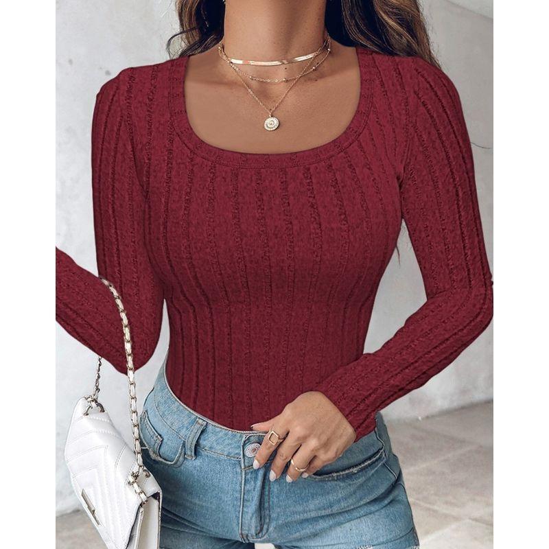 Autumn New European and American Amazon Fashion Solid round Neck Temperament Slim fit Long sleeves Shirt Top Bottoming Shirt Multi-Color