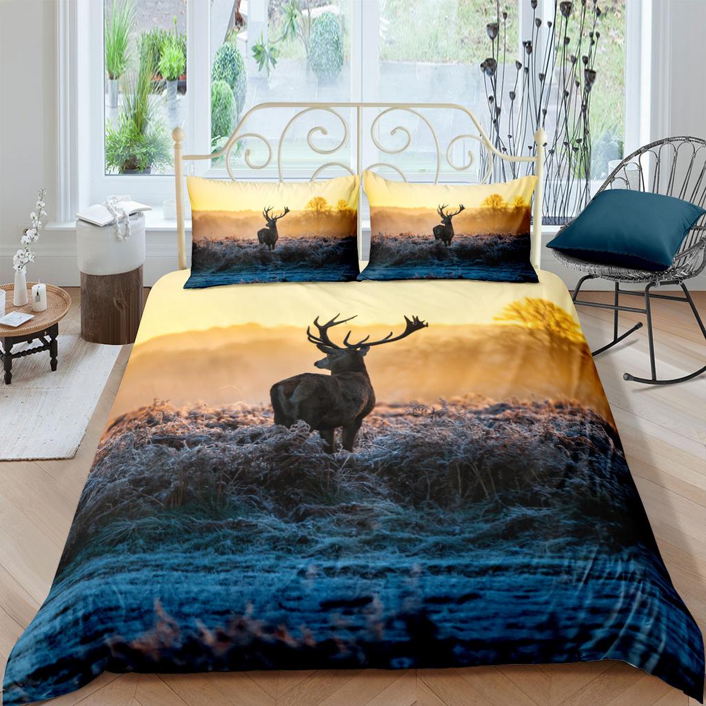 Deer Duvet Cover King/Queen SizeWildlife Bucks Fire Pattern Print Bedding Set For Teens Adults MenBrown Elk Animal Quilt Cover