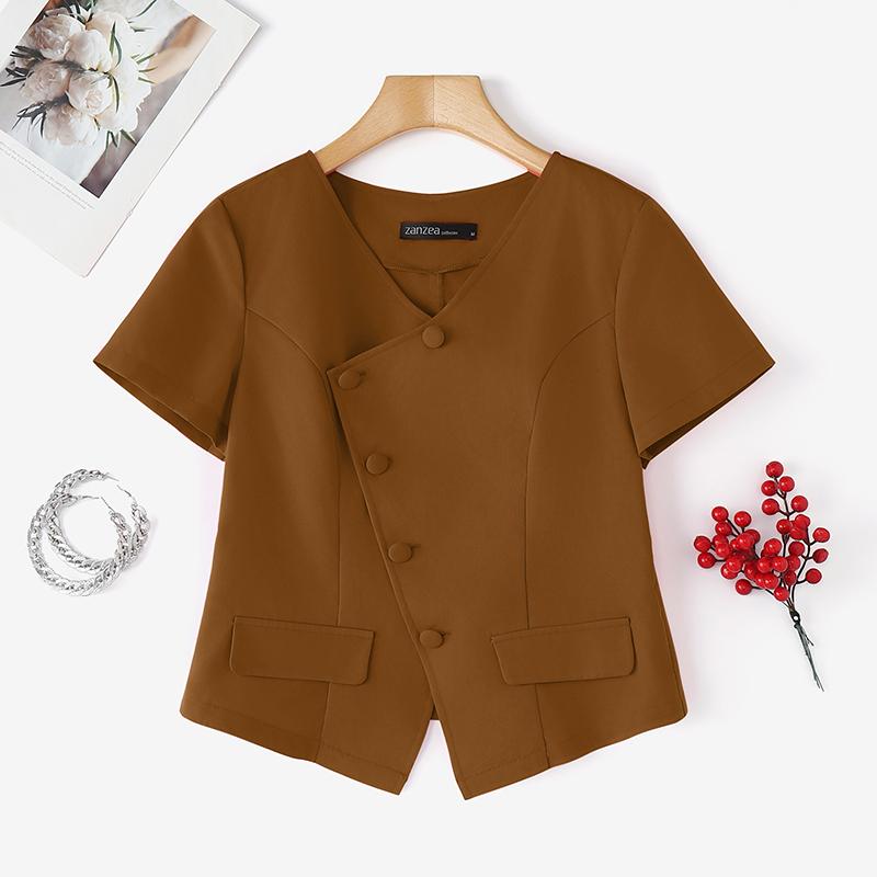 

ZANZEA Женская повседневная однотонная летняя блузка с V-образным вырезом и коротким рукавом XL коричневый