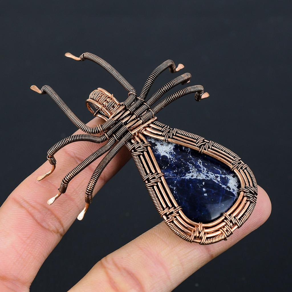 Natural Sodalite Gemstone Handmade Copper Wire Wrap Spider Pendant 2.56" N4A60
