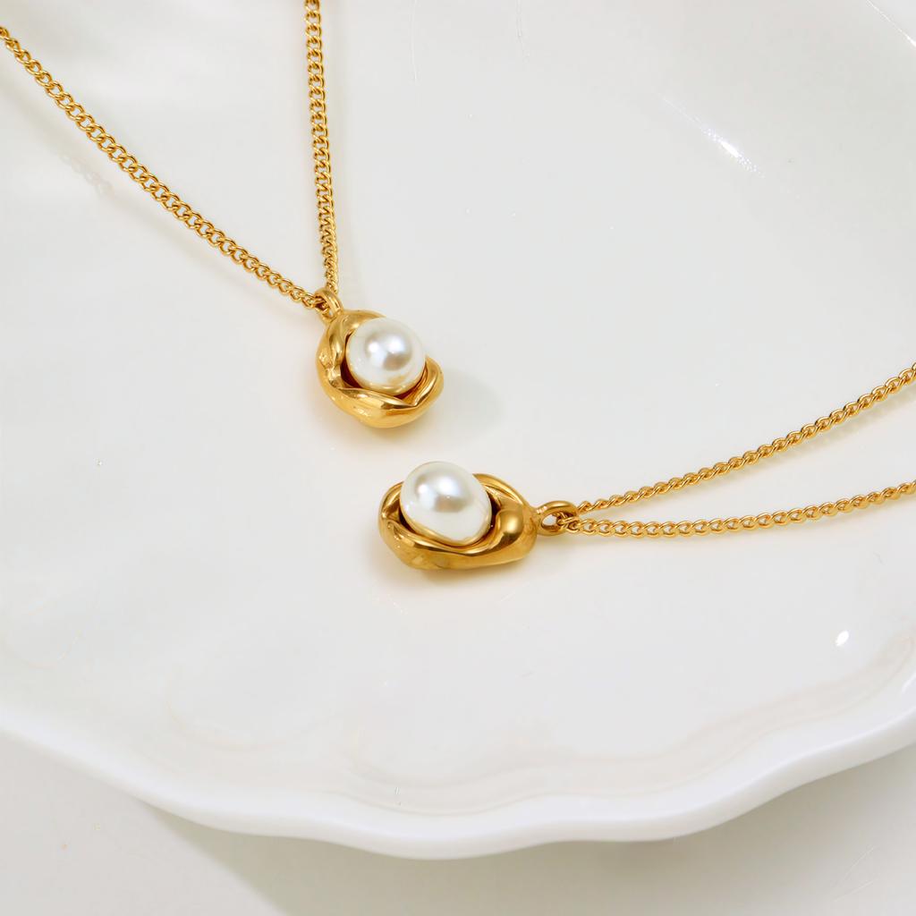 Light Luxury Pearl Shell Necklace Ring Set Stainless Steel Necklace Women'S High Color Retention