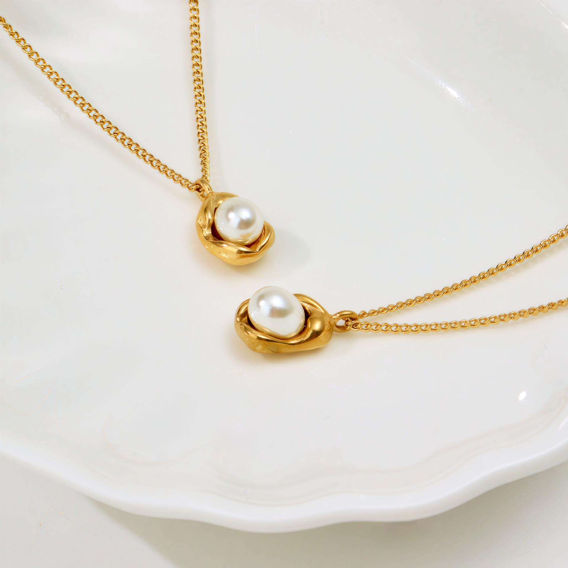 

Light Luxury Pearl Shell Necklace Ring Set Stainless Steel Necklace Women S High Color Retention