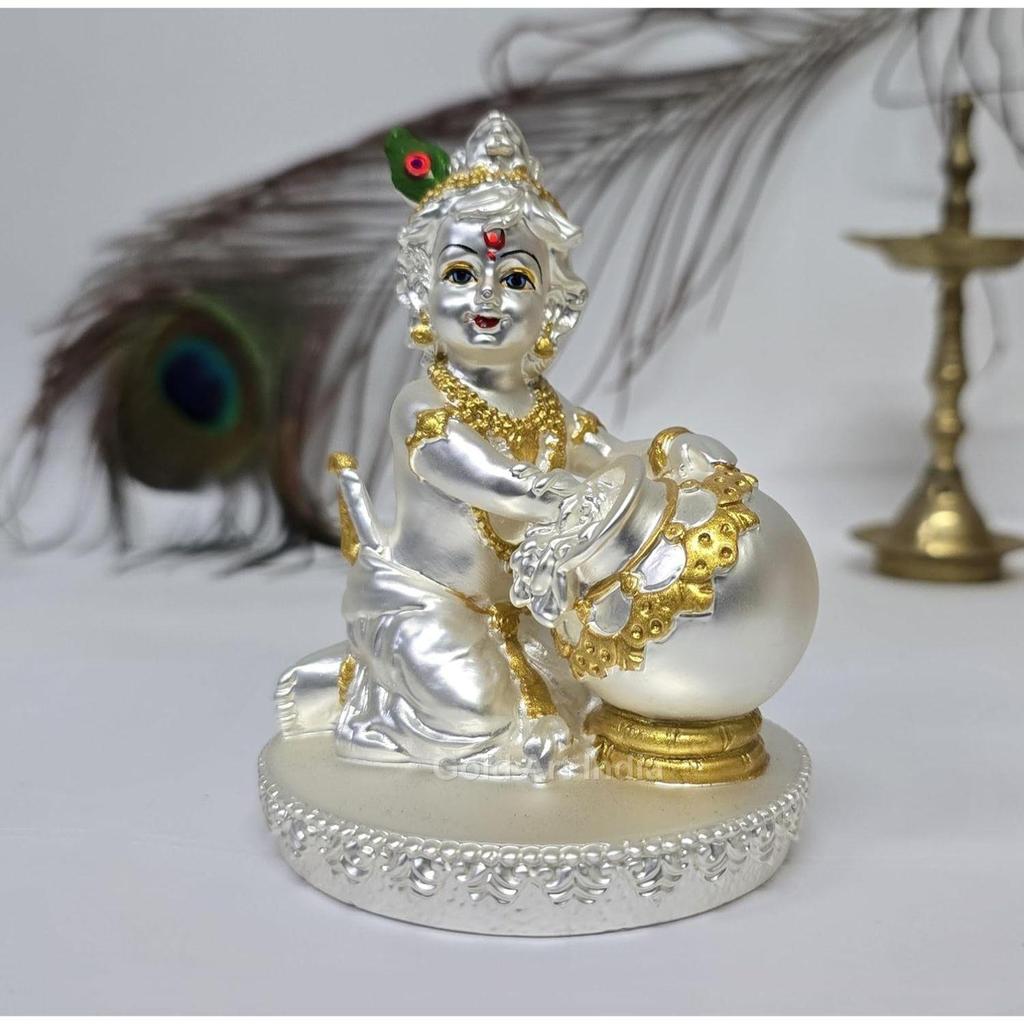 Makhan Krishna Silver Plated Matte Finish Idol | Home Decor | Makhan Chor Idol | Laddu Gopal for Gifting | Krishna Statue