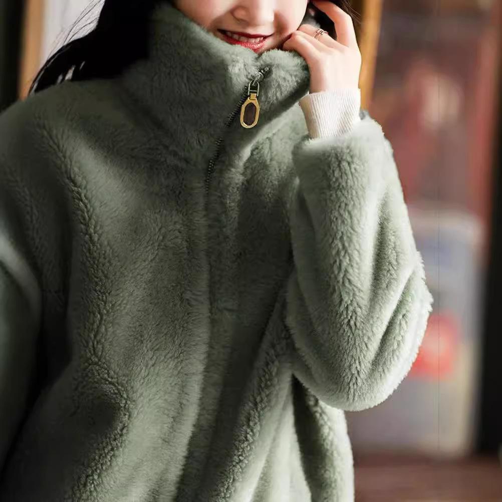 Autumn and Winter Stand-up Collar Fleece Thickened Warm Jacket Casual Zipper Cardigan Coral Fleece Sweater Women's Tide