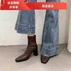 Fashion NEW Autumn Women Boots Genuine Leather Shoes Women Square Toe Chunky Heel Shoes Zip Short Modern Boots Belt Buckle Daily Shoes