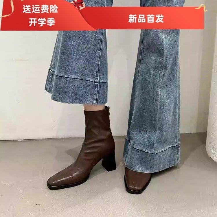 Fashion NEW Autumn Women Boots Genuine Leather Shoes Women Square Toe Chunky Heel Shoes Zip Short Modern Boots Belt Buckle Daily Shoes