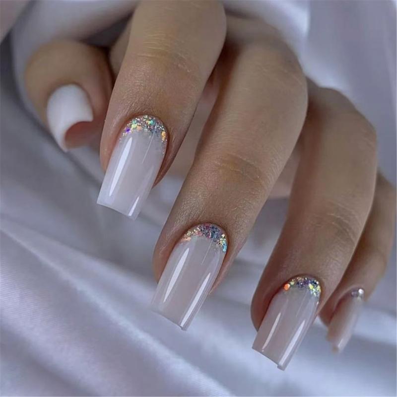 24 Pcs Medium Square False Nail Glossy Press On Nail Simple Stick on Nail French Tip Acrylic Nail 1