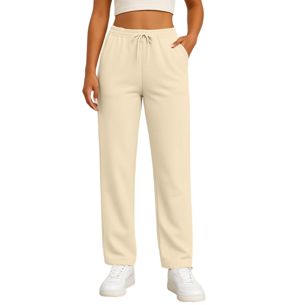 Pantalon droit tendance de couleur pour femme avec taille haute à cordon de serrage, poches et ceinture élastique, pantalon décontracté